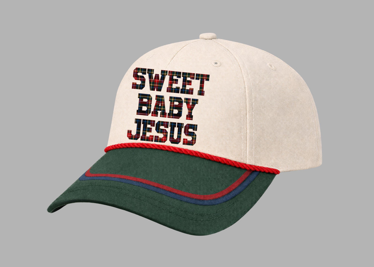 "Sweet Baby Jesus" on Tan Cap with Puff Embroidery