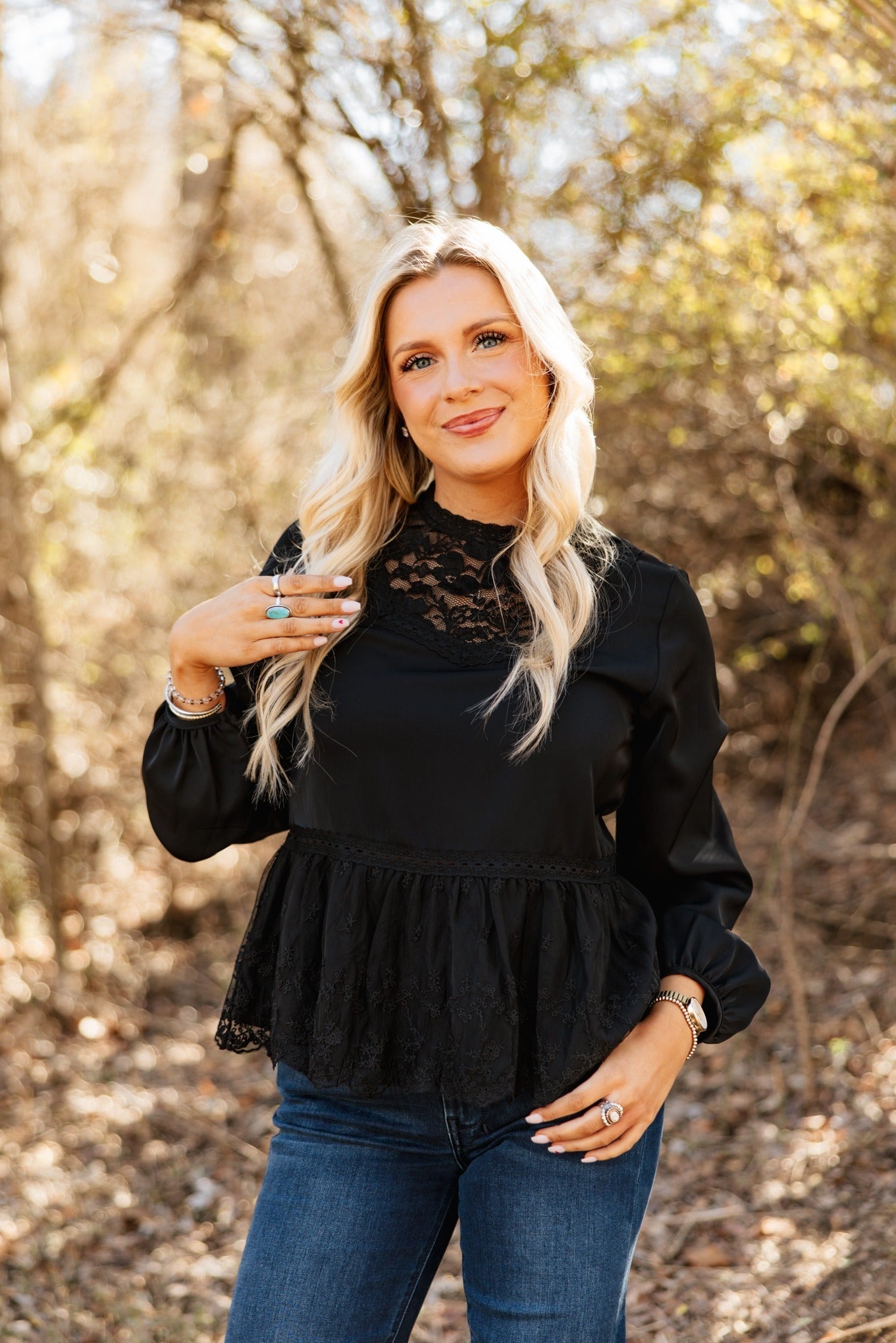 High Neck Blouse with Lace Peplum, Black - front view