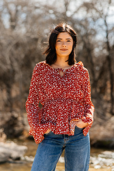 Peplum Blouse with Ruffle Detail, Red Floral – GRACE+EMMA®