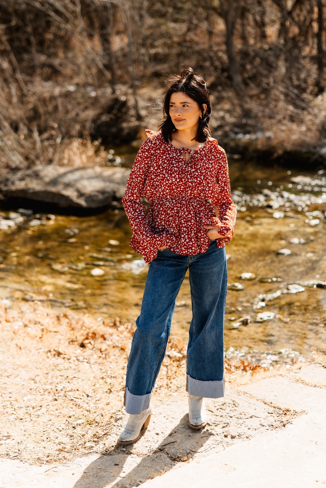 Peplum Blouse with Ruffle Detail, Red Floral – GRACE+EMMA®