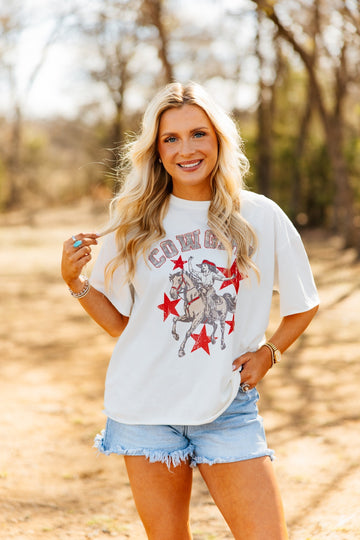 Cowgirl Stars on White Boxy Tee
