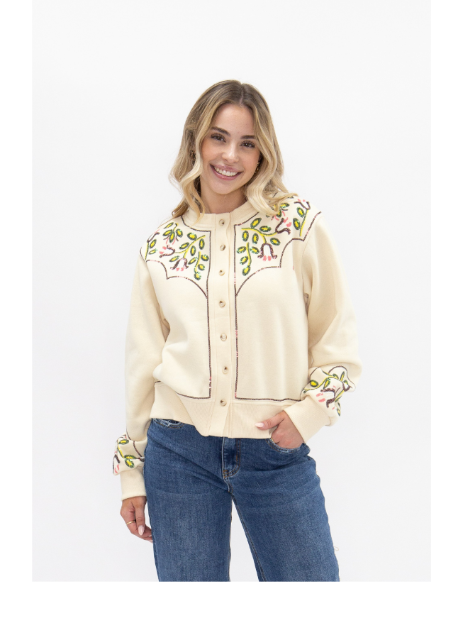 Beige Sweatshirt Cardigan with Sequin Western Yoke