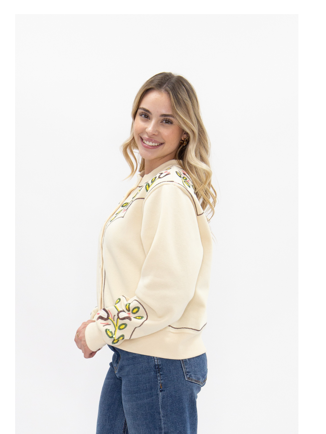 Beige Sweatshirt Cardigan with Sequin Western Yoke