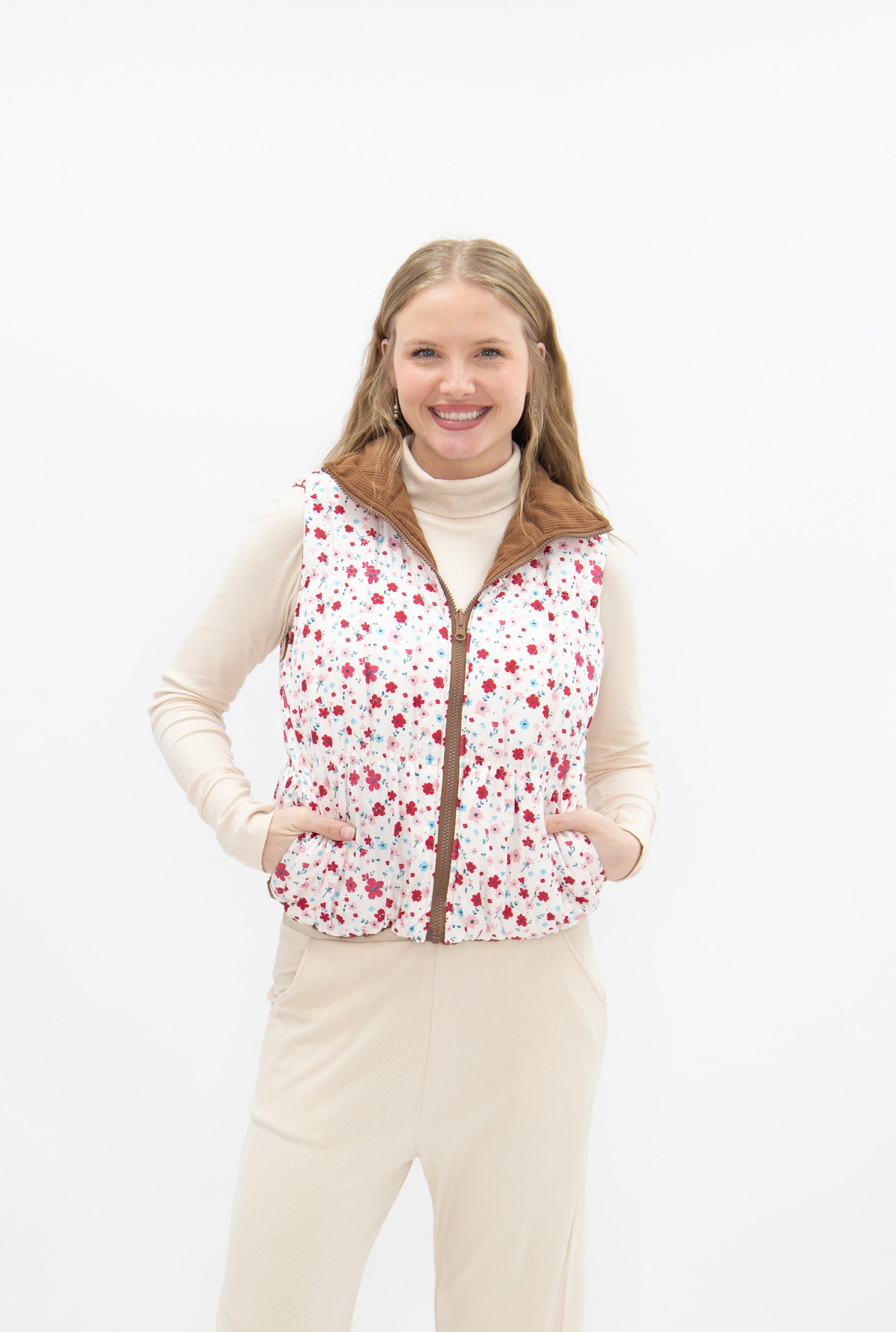 The Gillian Reversible Tan and Floral Puffer Vest