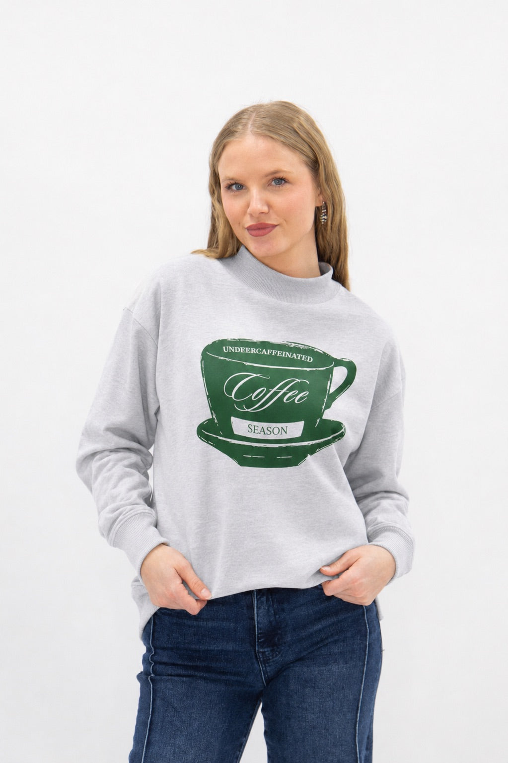 Coffee Season on Mock Neck Sweatshirt, Grey