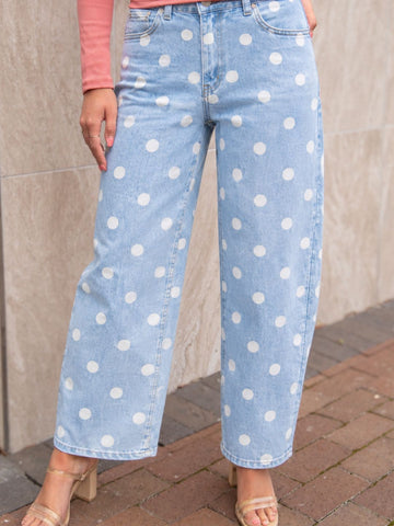 Polka Dot Barrel Jeans, White