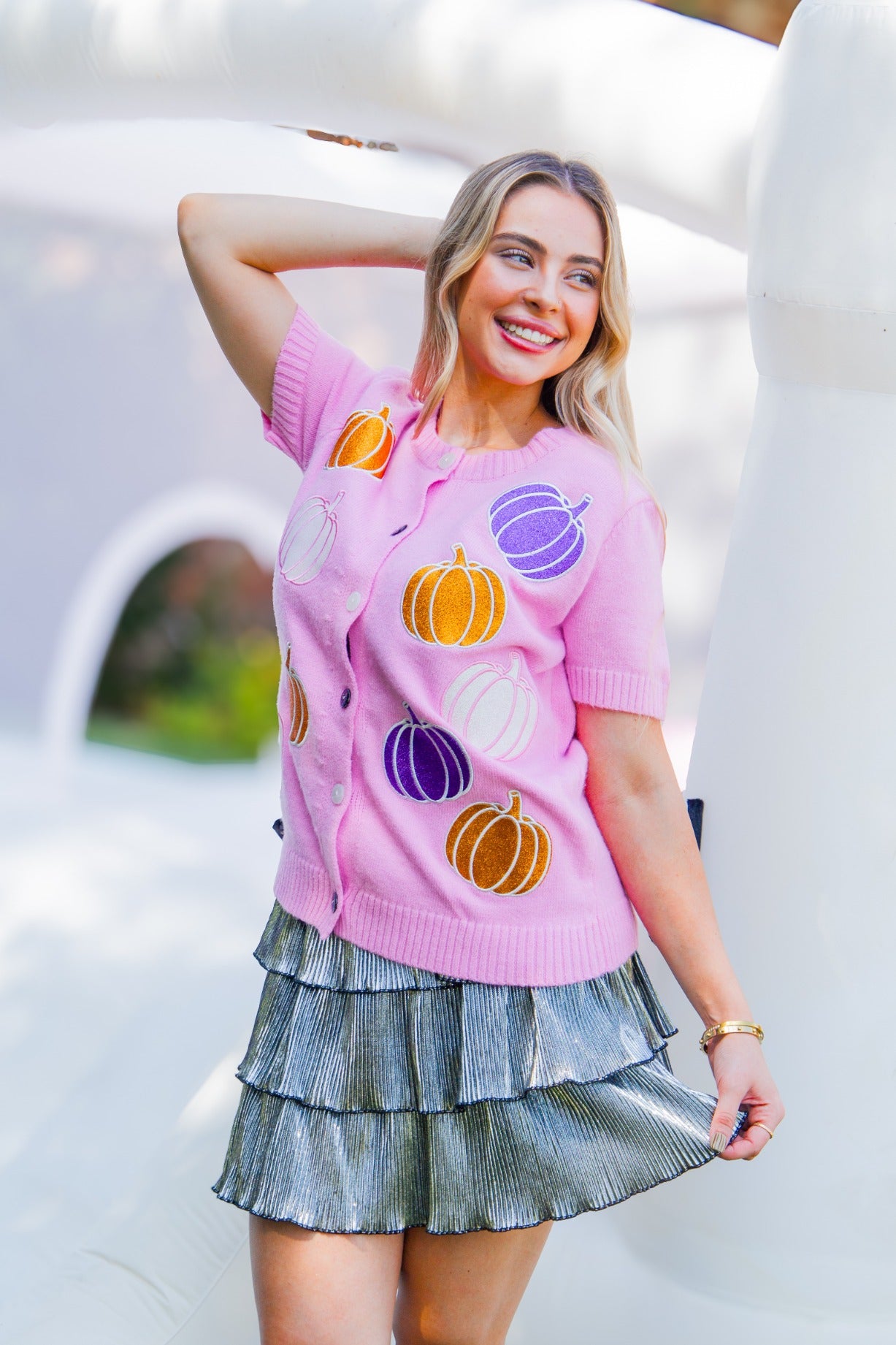 Glitter Pumpkins Hallowen Cardigan, Pink