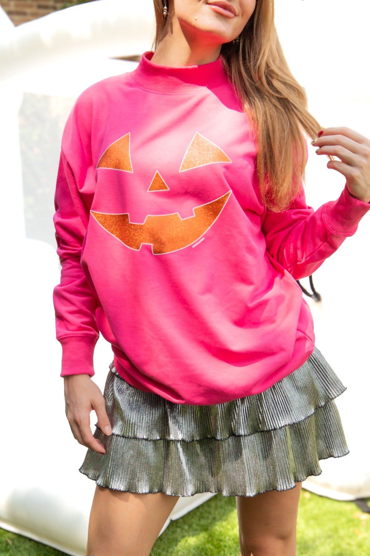 Jack-O'-Lantern Halloween Mock Neck, Hot Pink