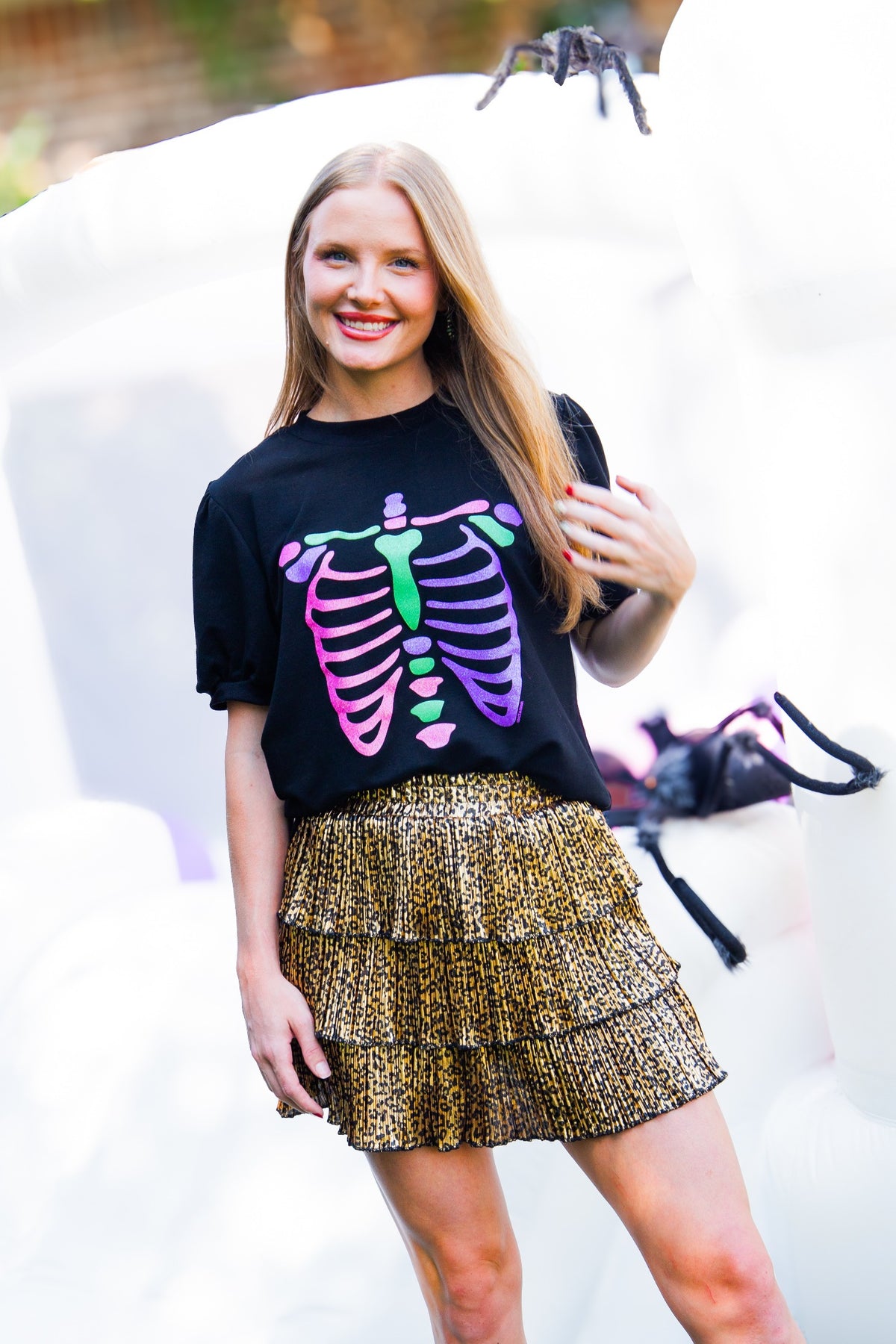 Ribcage Halloween Puff Sleeve Tee, Black