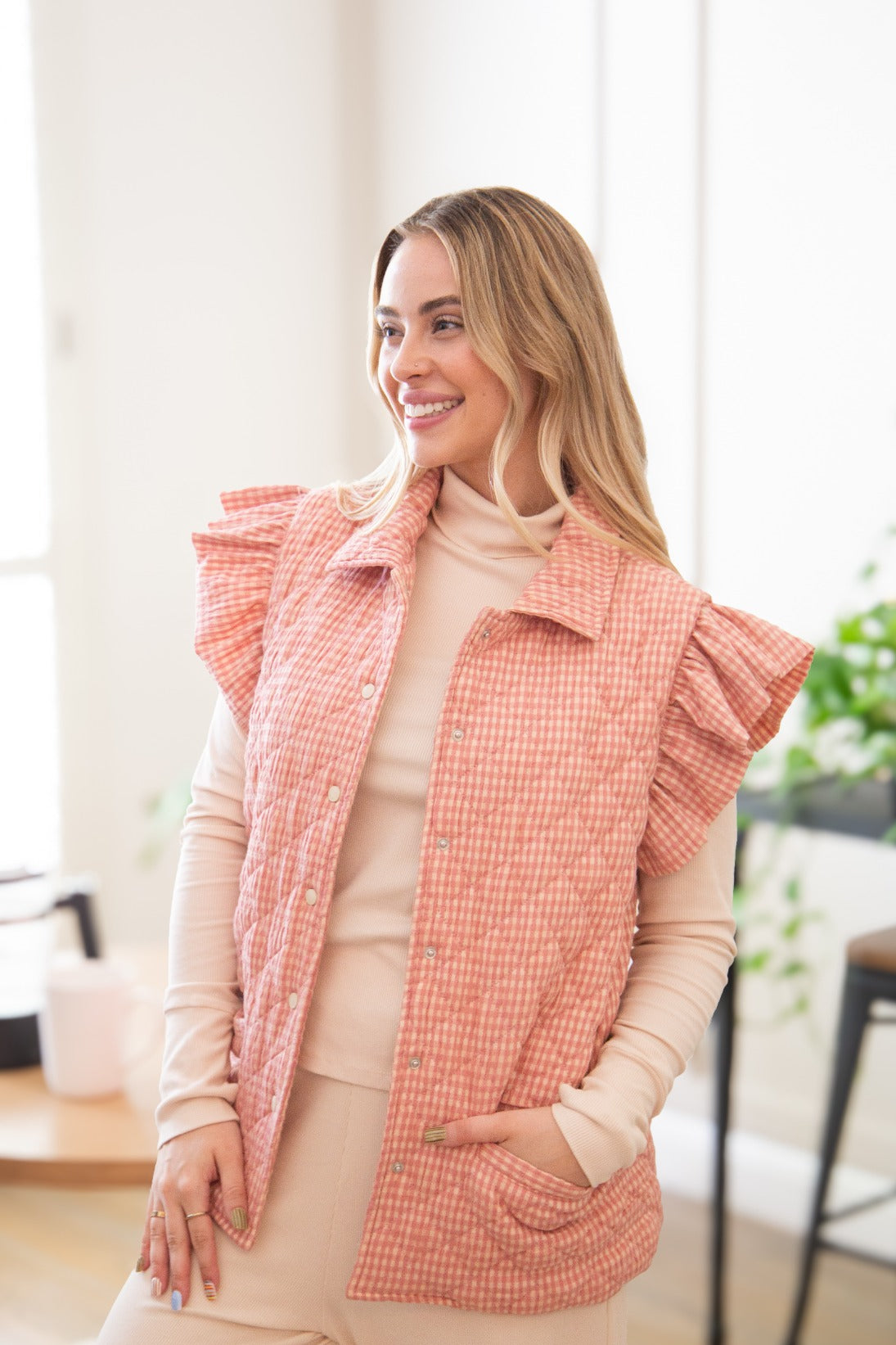 Puffer Vest, Blush Gingham