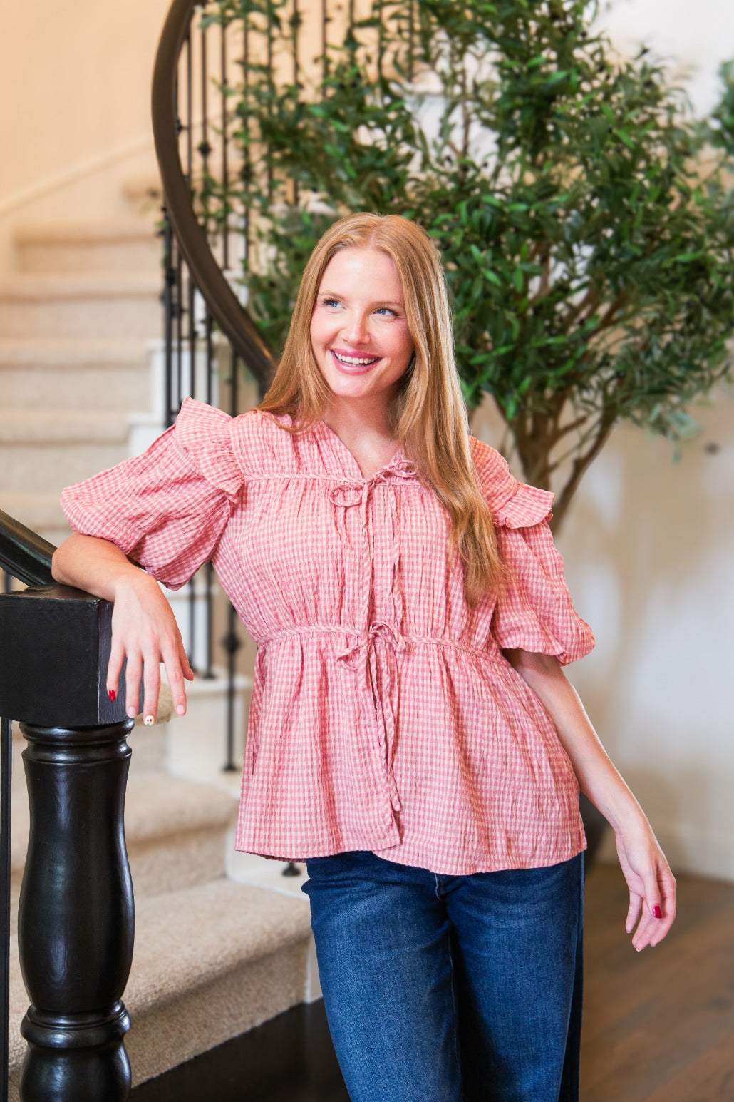 Puff Sleeve Tie-Front Blouse, Blush Gingham