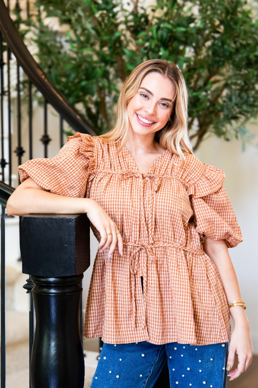 Puff Sleeve Tie-Front Blouse, Brown Gingham