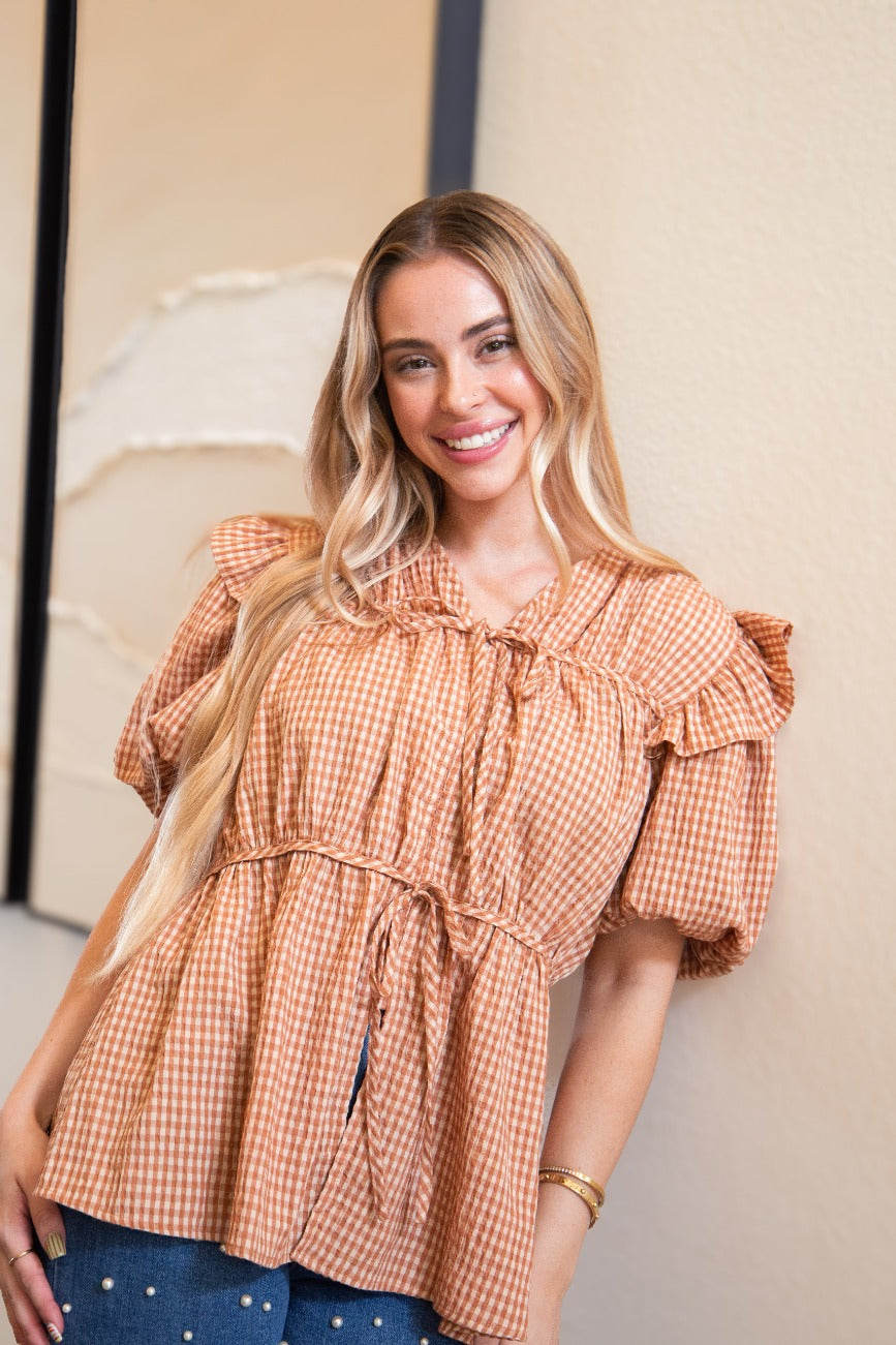 Puff Sleeve Tie-Front Blouse, Brown Gingham