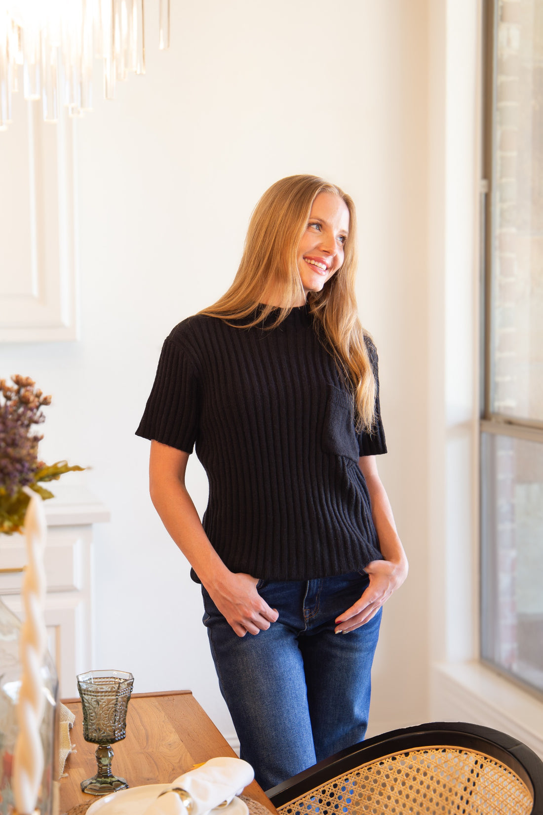 Mock Neck Short Sleeve Pullover, Black