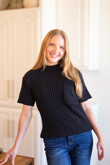 Mock Neck Short Sleeve Pullover, Black