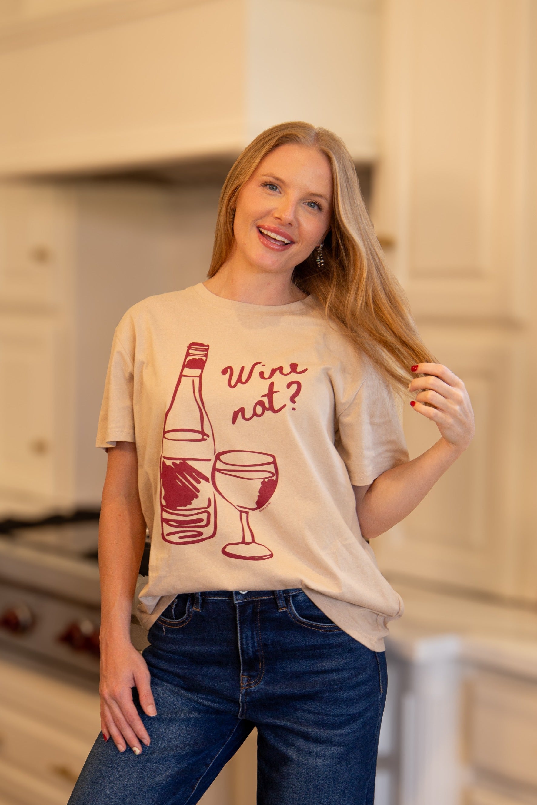 Wine Not? on Beige Tee Shirt