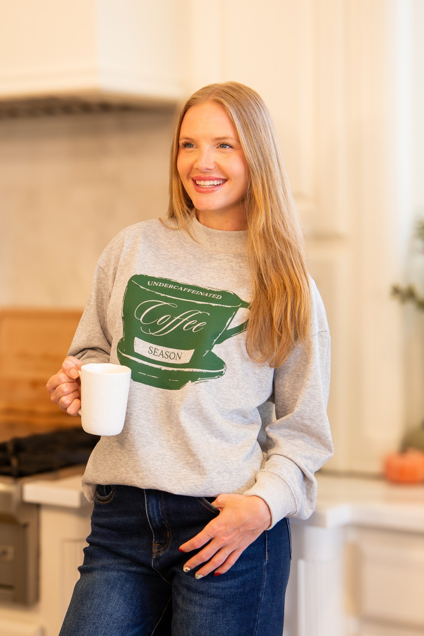 Coffee Season on Mock Neck Sweatshirt, Grey