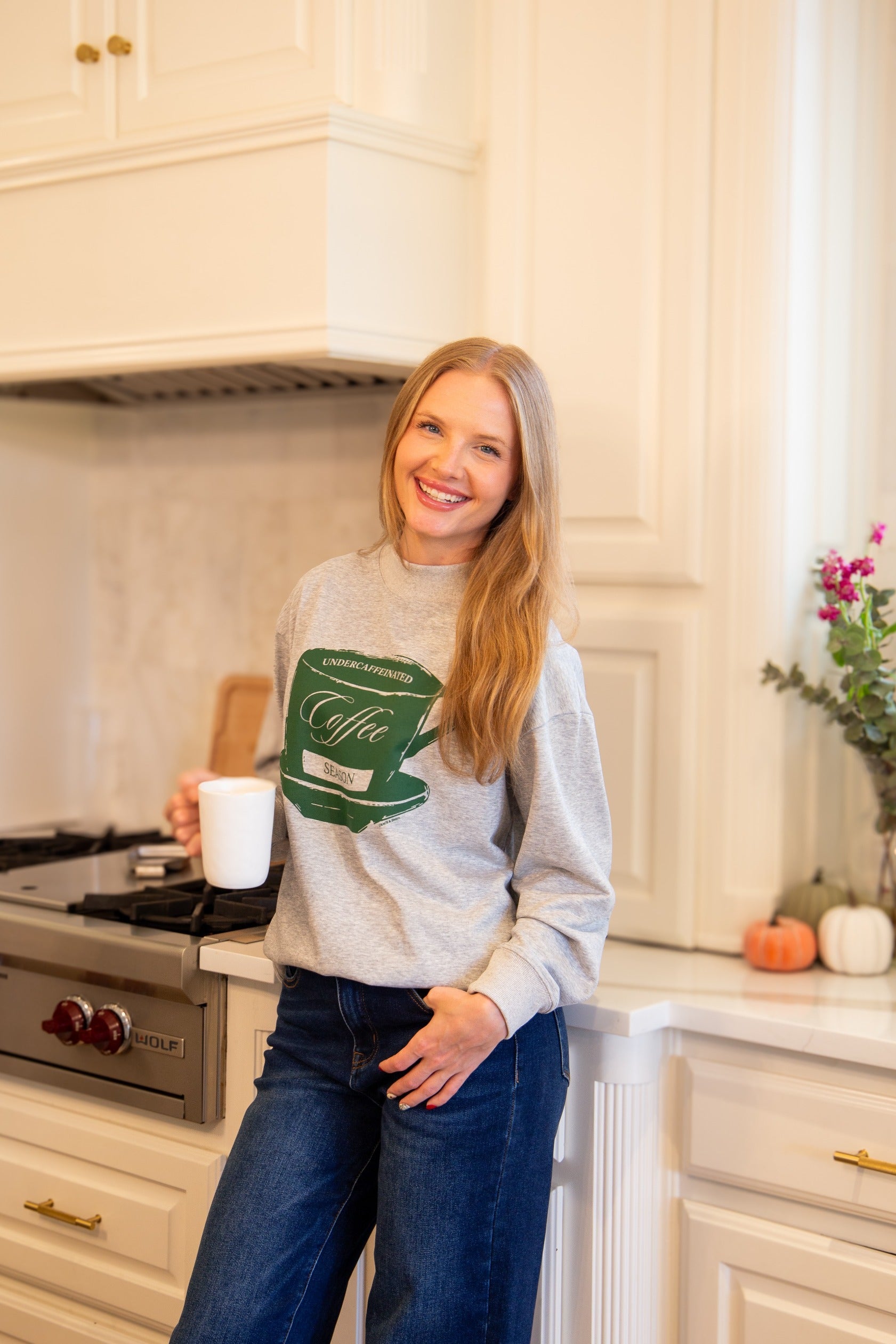 Coffee Season on Mock Neck Sweatshirt, Grey
