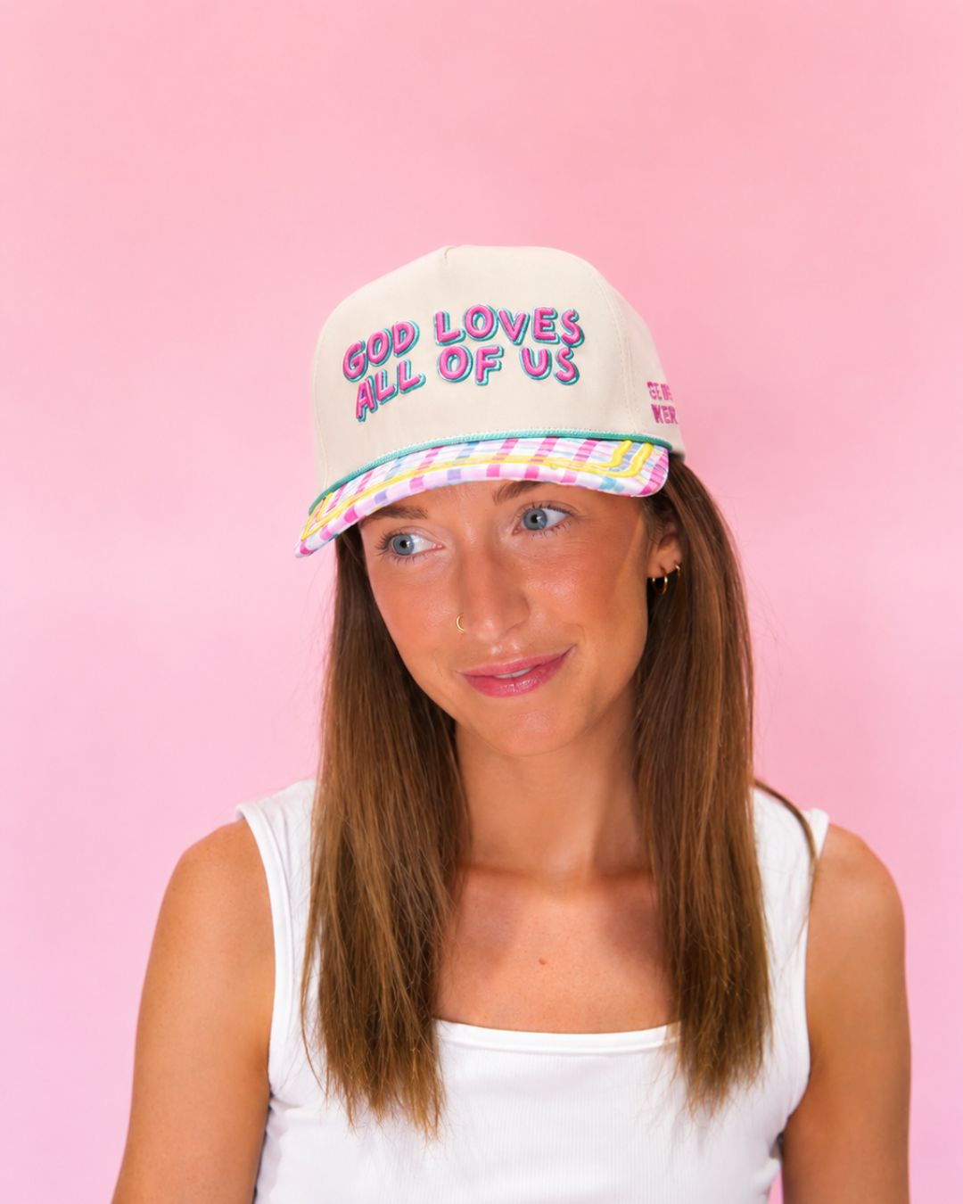"God Loves all of us"on Tan Cap with Puff Embroidery