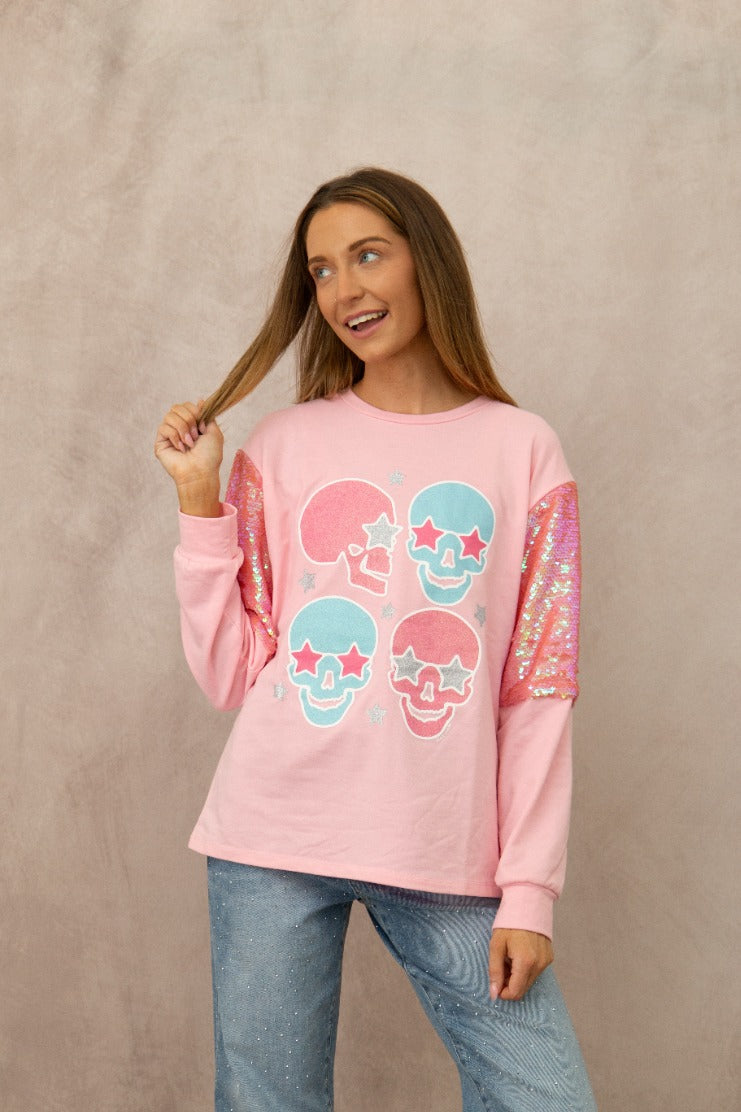 Candy Skull on Long-Sleeve Top, Pink