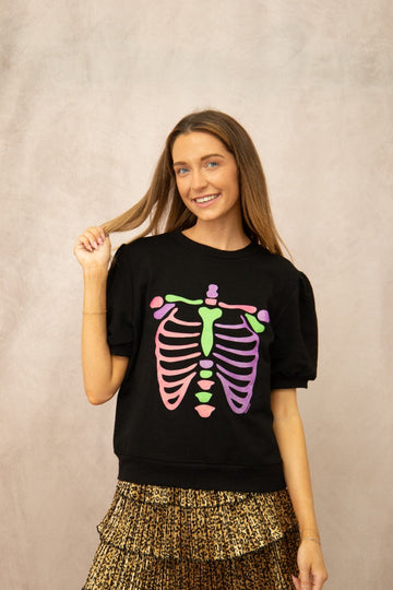 Ribcage Halloween Puff Sleeve Tee, Black