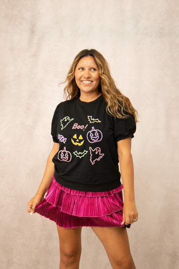 Neon Halloween Elements Puff Sleeve Tee, Black