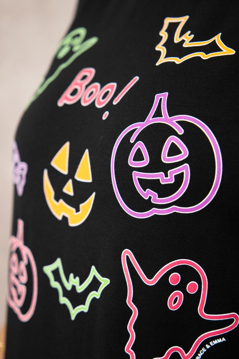 Neon Halloween Elements Puff Sleeve Tee, Black