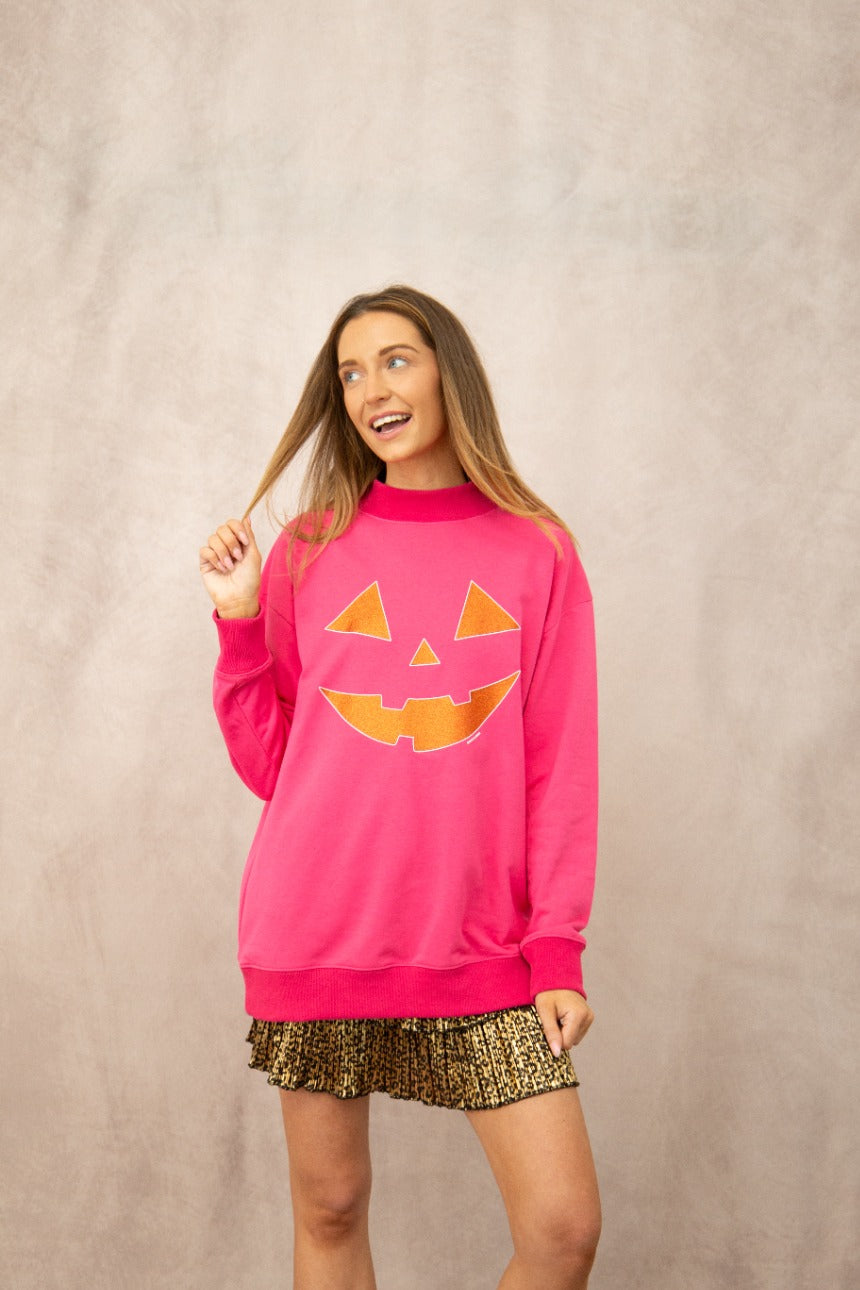 Jack-O'-Lantern Halloween Mock Neck, Hot Pink