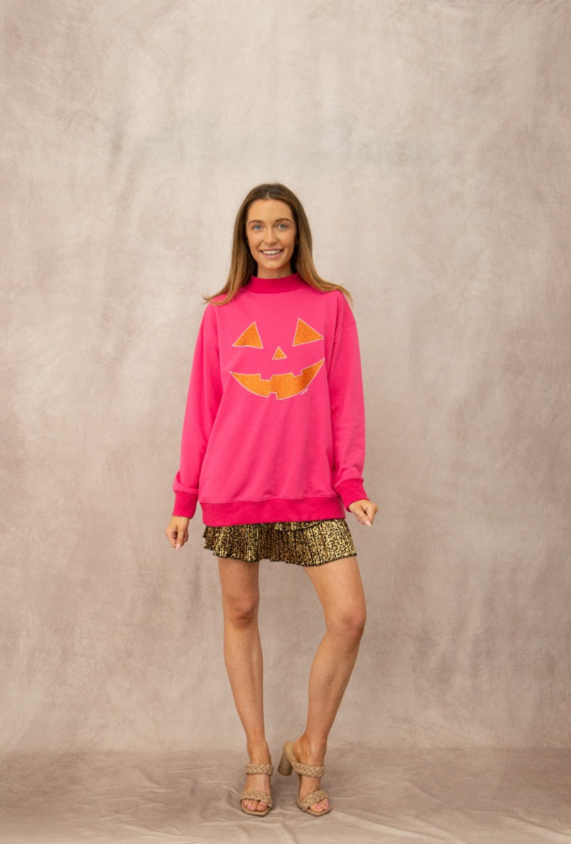 Jack-O'-Lantern Halloween Mock Neck, Hot Pink