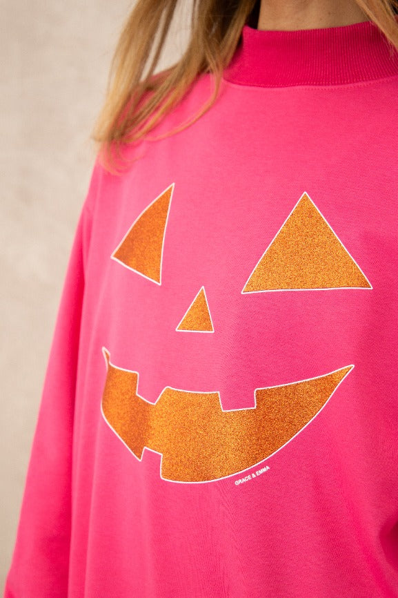 Jack-O'-Lantern Halloween Mock Neck, Hot Pink