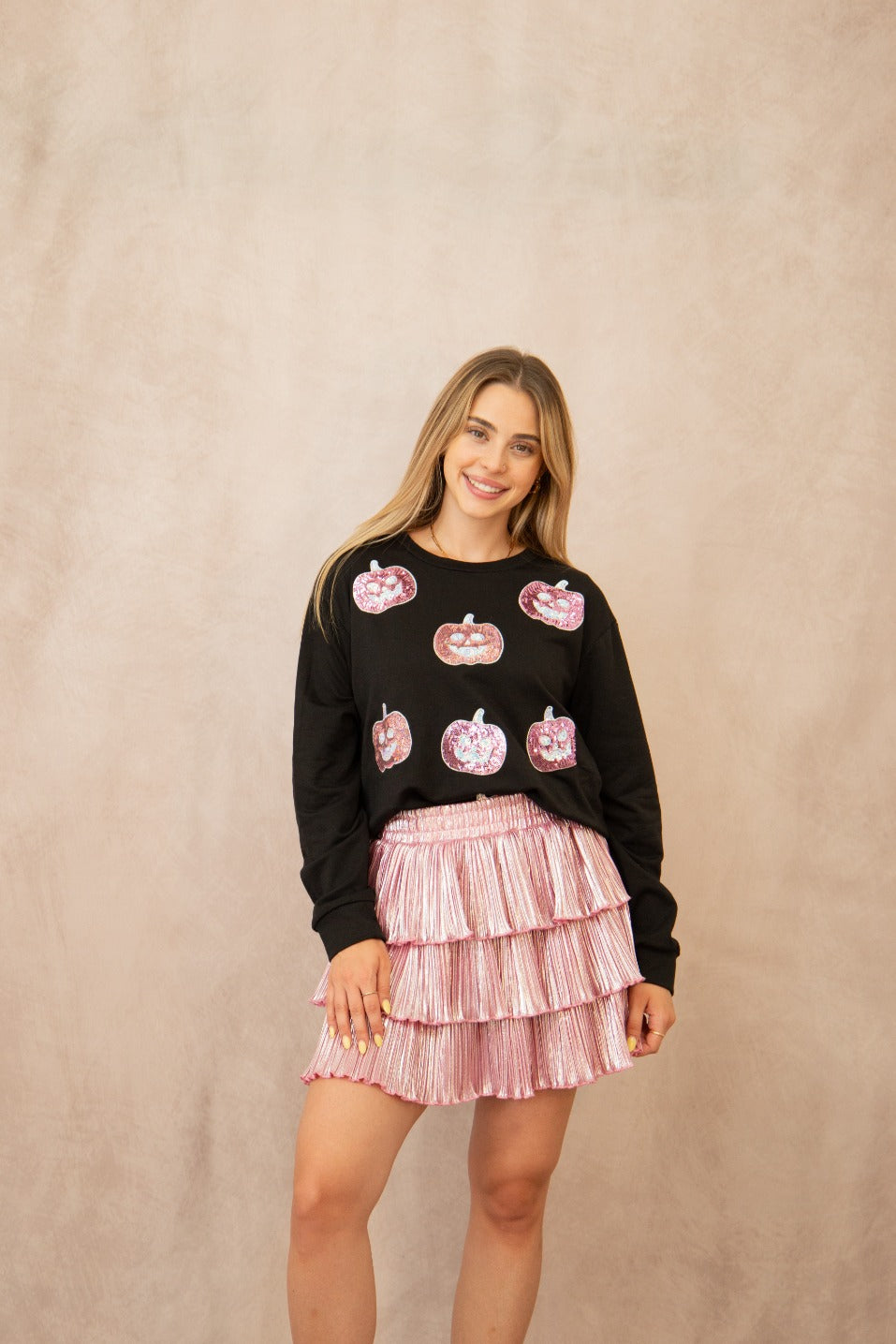 Glitter Pumpkins on Black Long-Sleeve Shirt