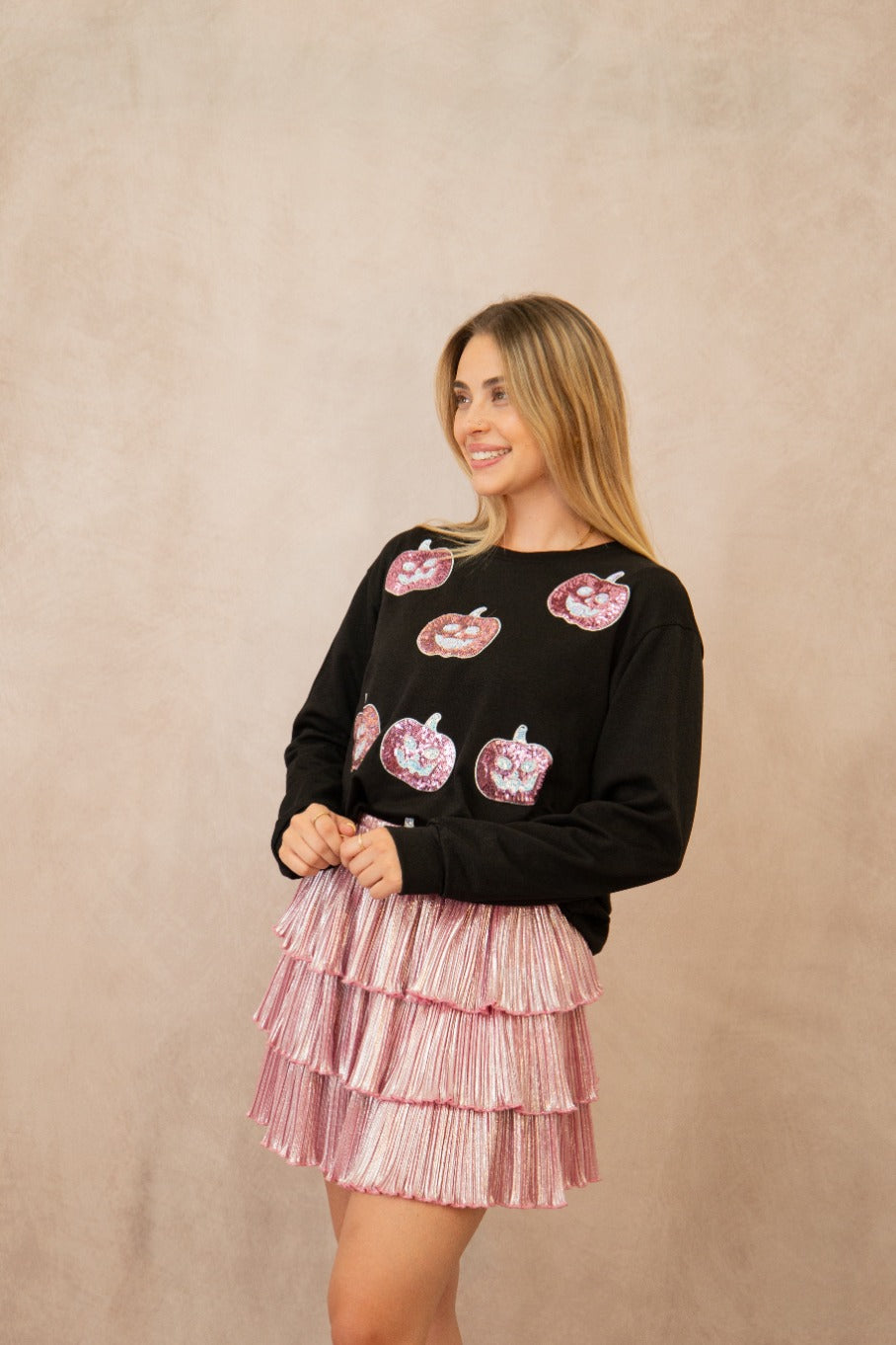 Glitter Pumpkins on Black Long-Sleeve Shirt