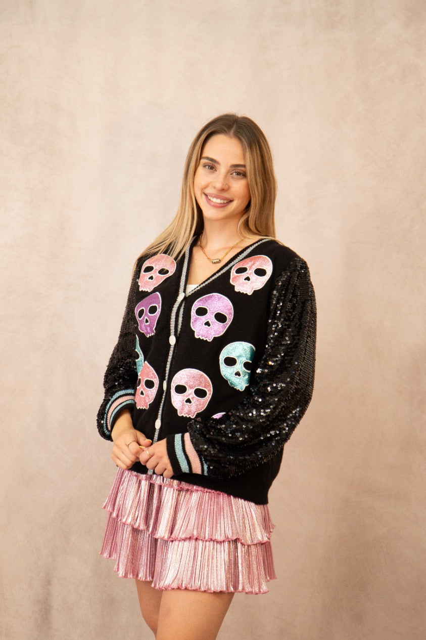 Glitter Skulls on Black Cardigan
