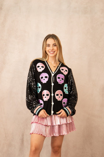 Glitter Skulls on Black Cardigan