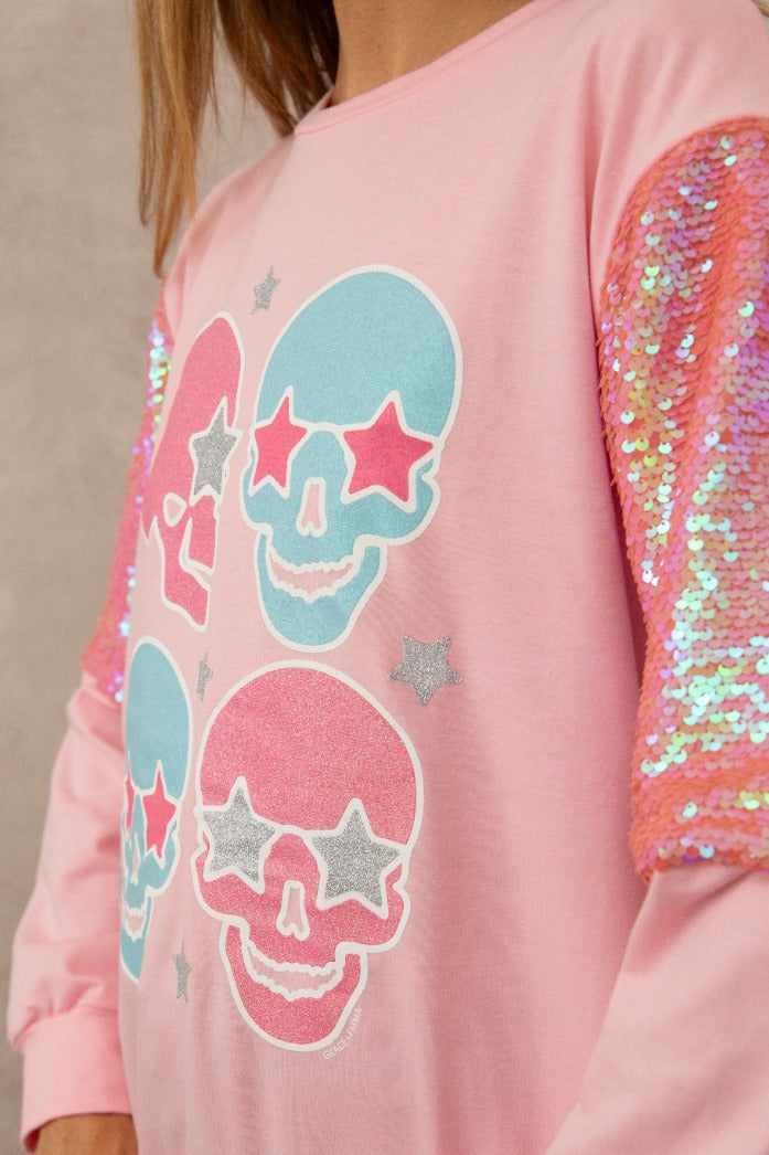 Candy Skull on Long-Sleeve Top, Pink