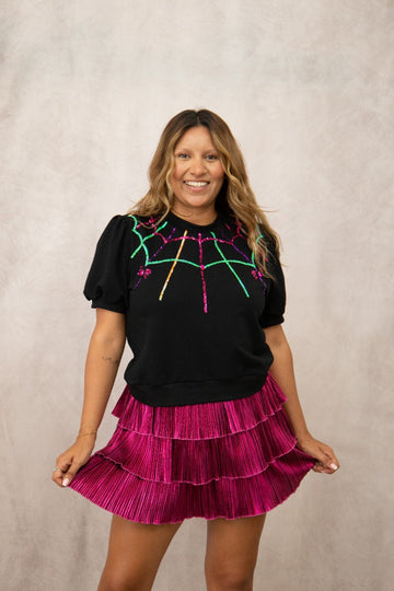 Spider Web Halloween Puff Sleeve Tee, Black