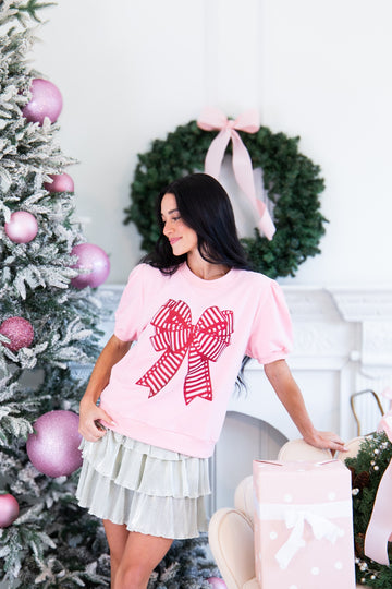 Glitter Bow on Puff Sleeve Tee, Light Pink