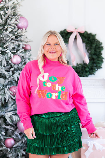 "Joy to the World" on Mock Neck Sweatshirt, Hot Pink