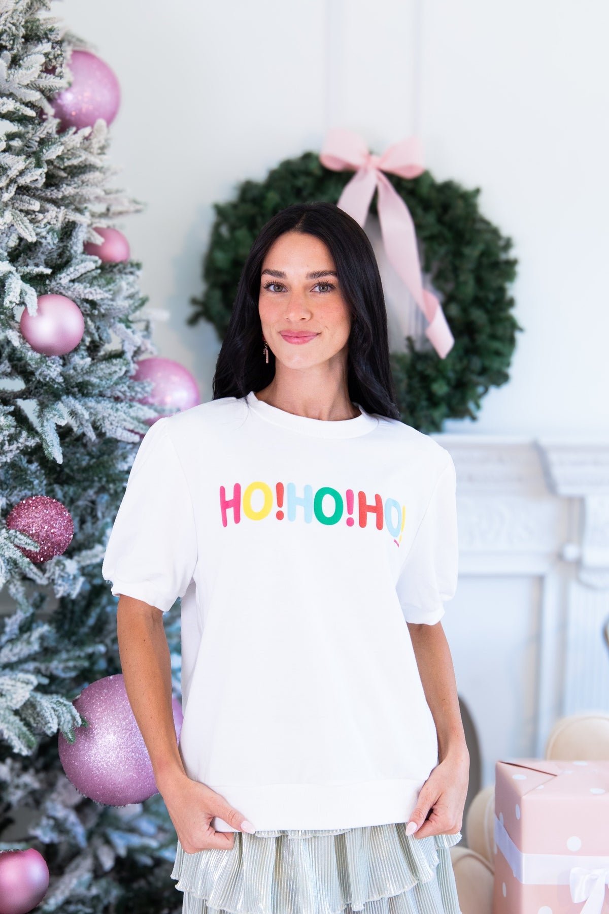 HO! HO! HO! on White Puff Sleeve Top