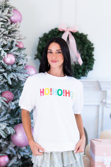 HO! HO! HO! on White Puff Sleeve Top