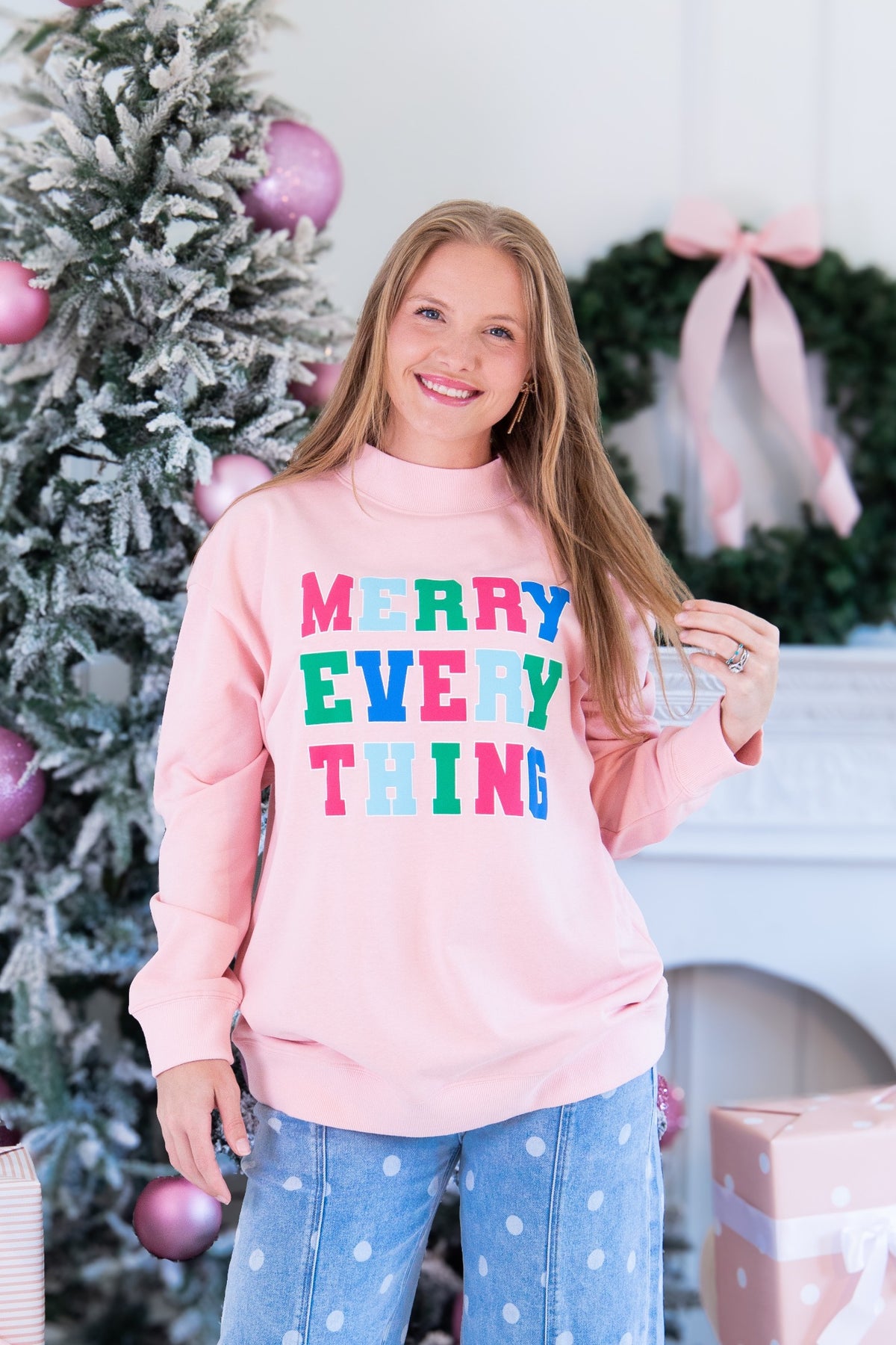 "Merry Everything" on Mock Neck Sweatshirt, Light Pink