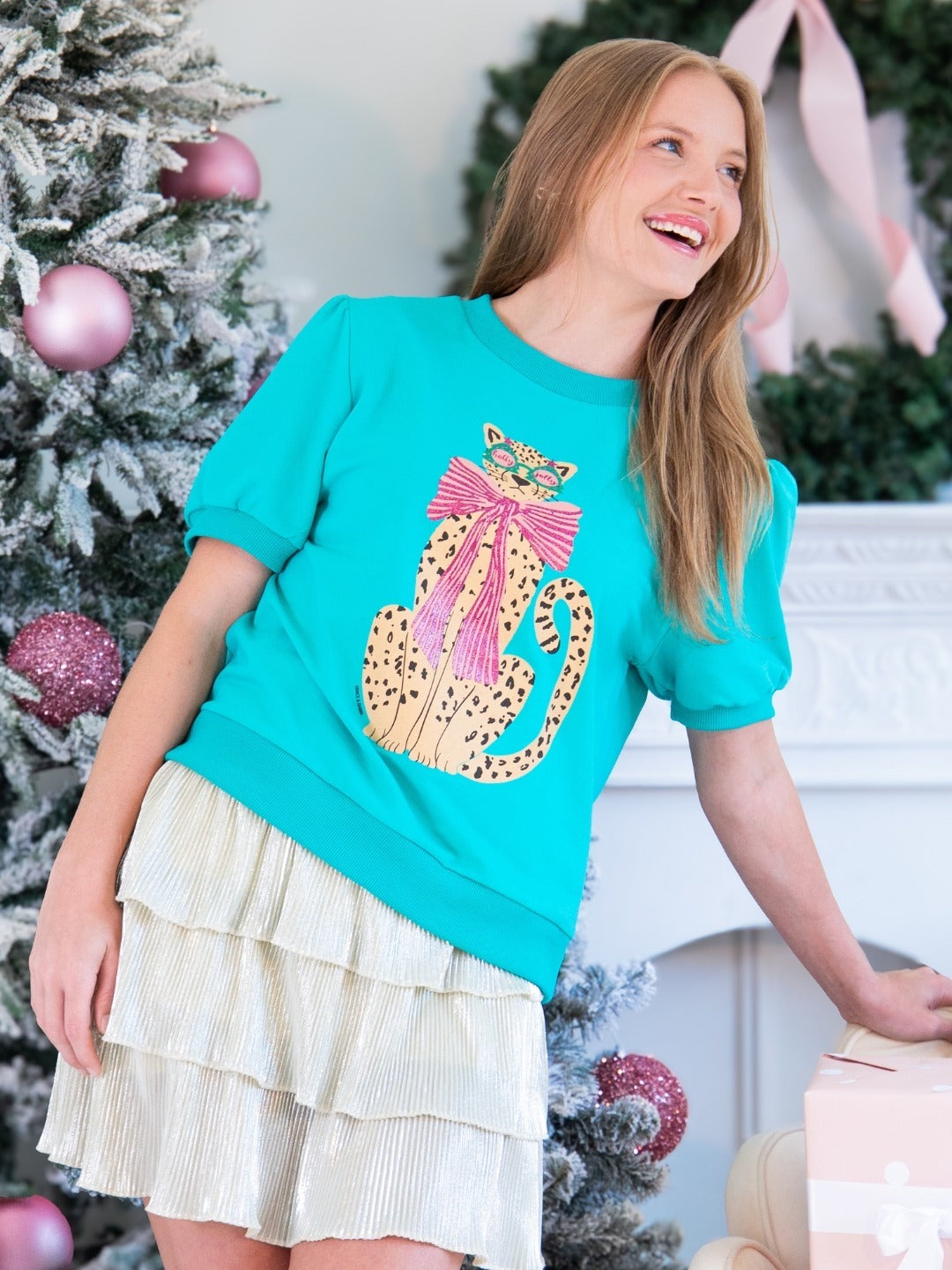 Glitter Print Cheetah on Puff Sleeve Tee, Mint