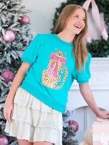 Glitter Print Cheetah on Puff Sleeve Tee, Mint
