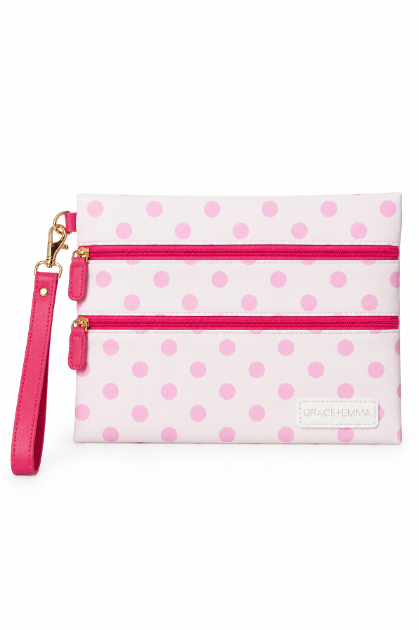 Double Zipper Versi Bag, Pink Polka-Dot