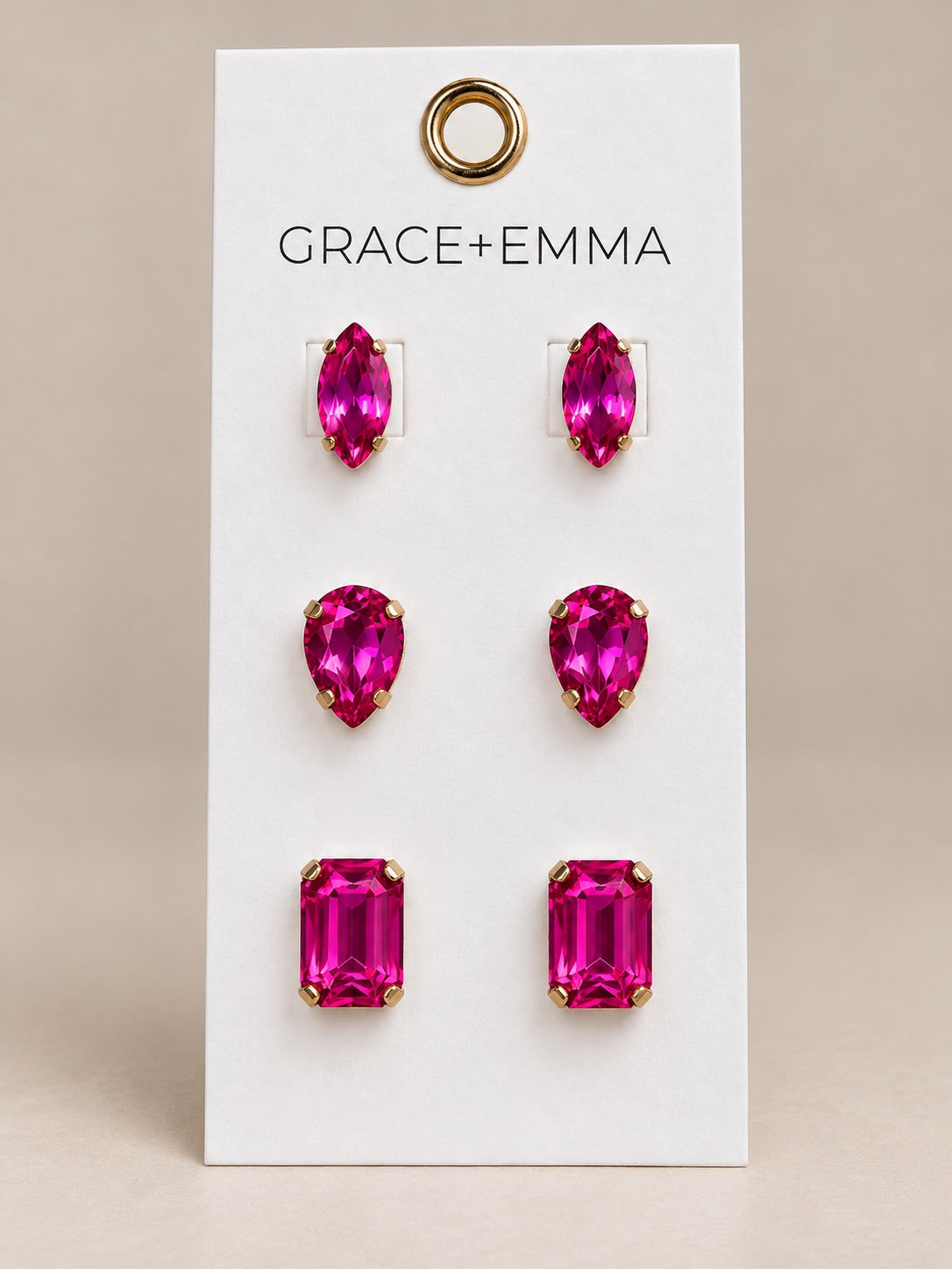 3 different stones set Earrings, Hot Pink