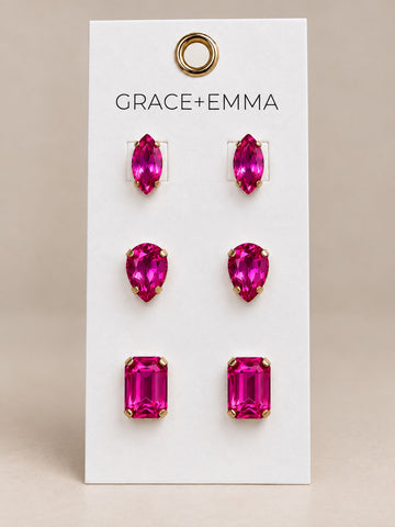 3 different stones set Earrings, Hot Pink