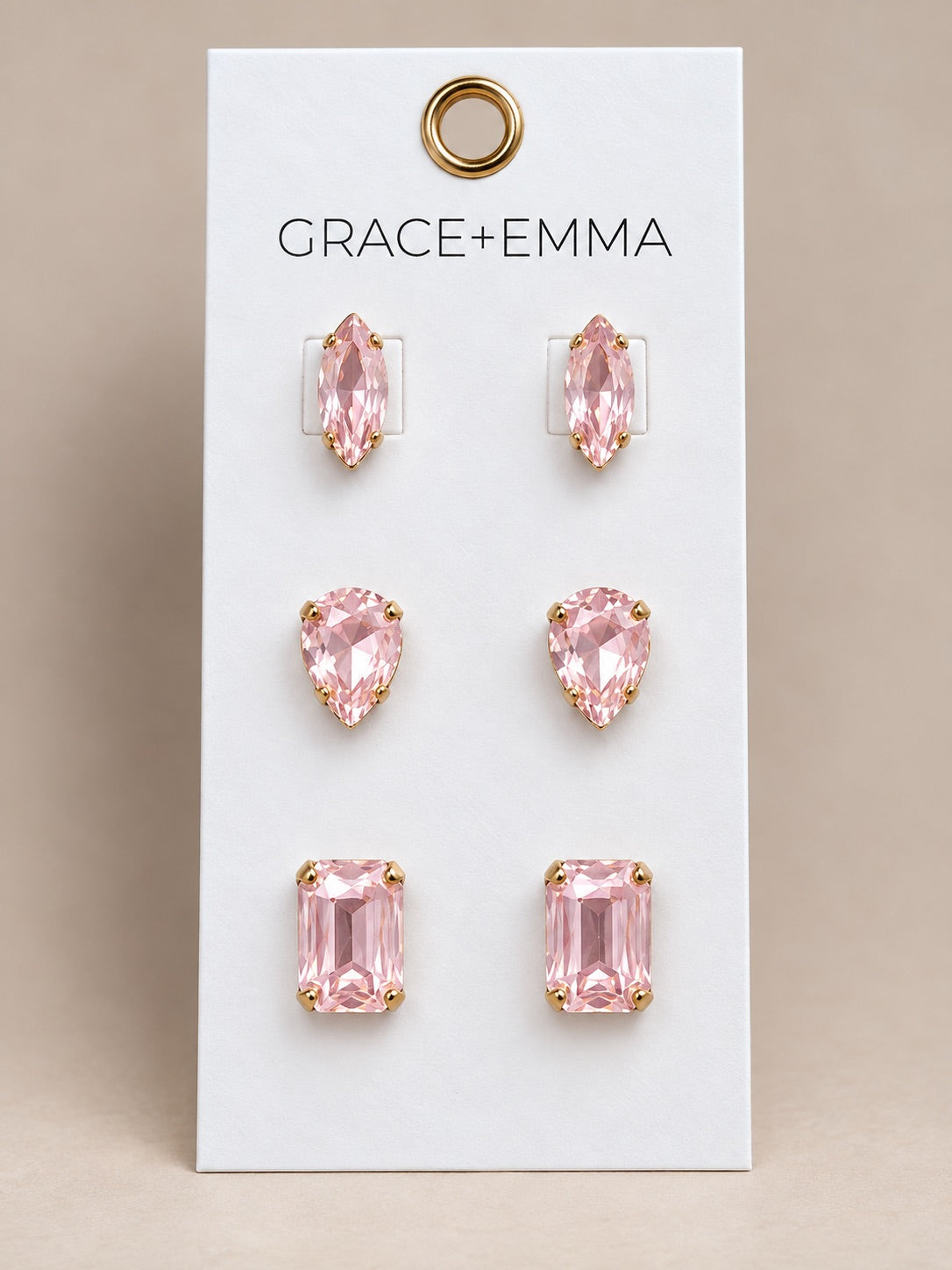 3 different stones set Earrings, Light Pink
