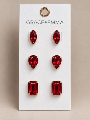 3 different stones set Earrings, Red