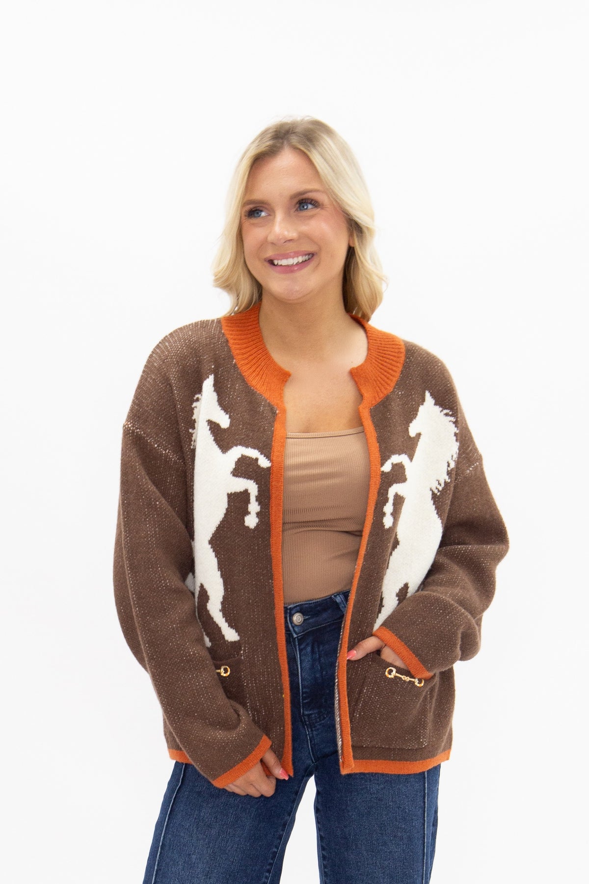 Brown Cardigan with White Horses
