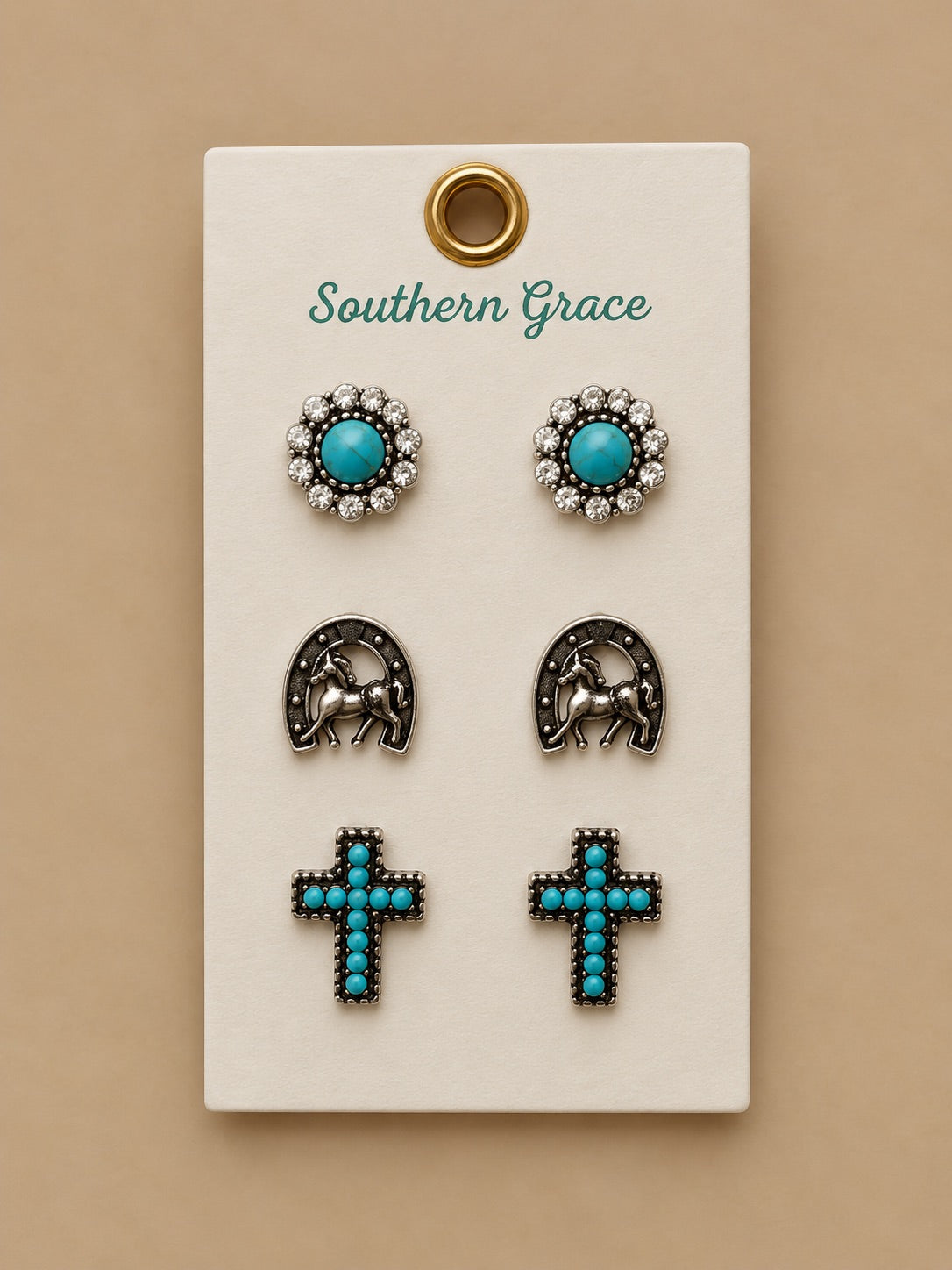 Flower Stud with Horse Shoe and Cross